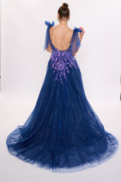 Nina Canacci 3269 Size 8 Navy Bow A Line Prom Dress Sheer Sequin Ballgown Formal Maxi Slit Gown