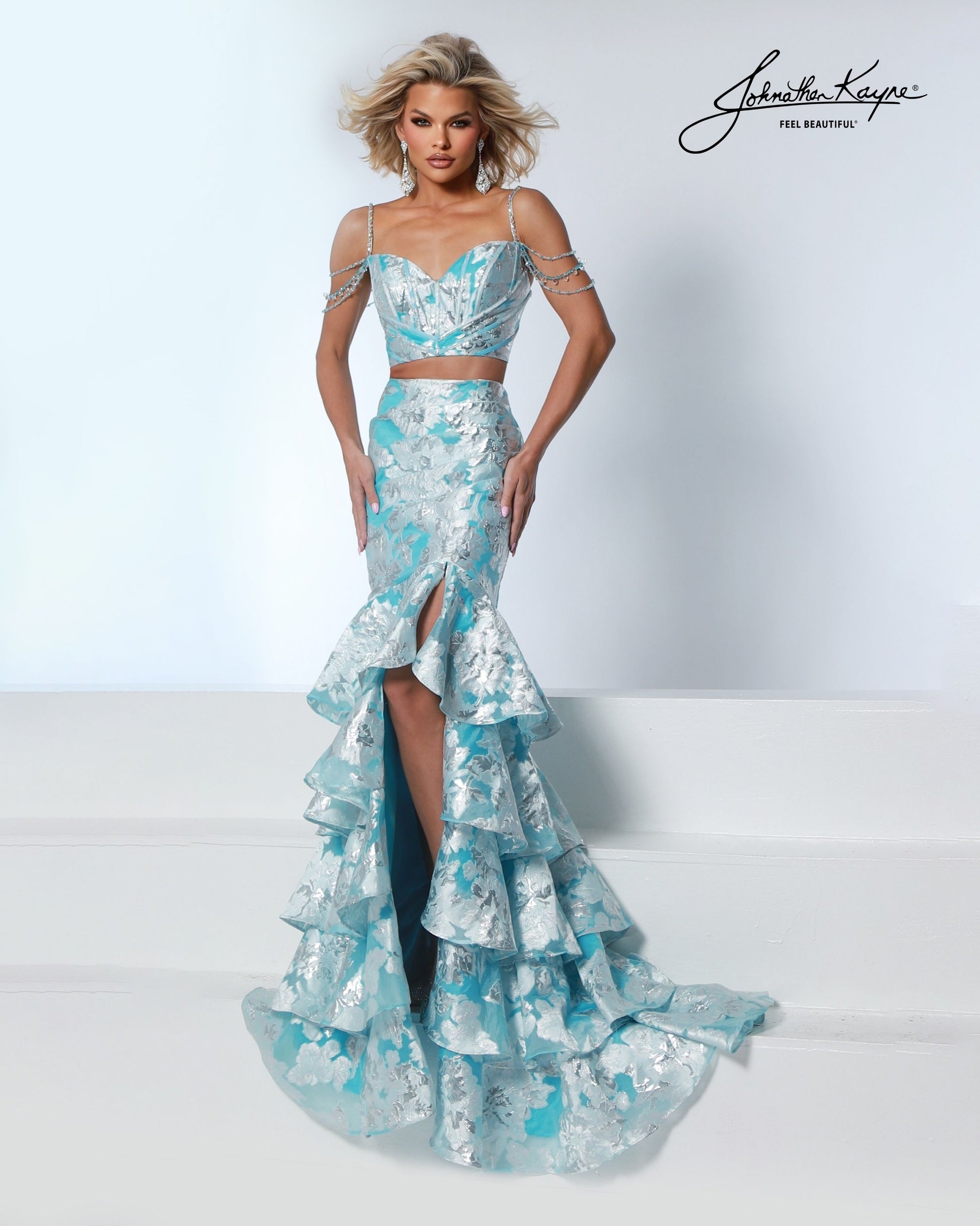 Johnathan Kayne 3274 Flowy Pageant Evening Dress Metallic Blue / 12