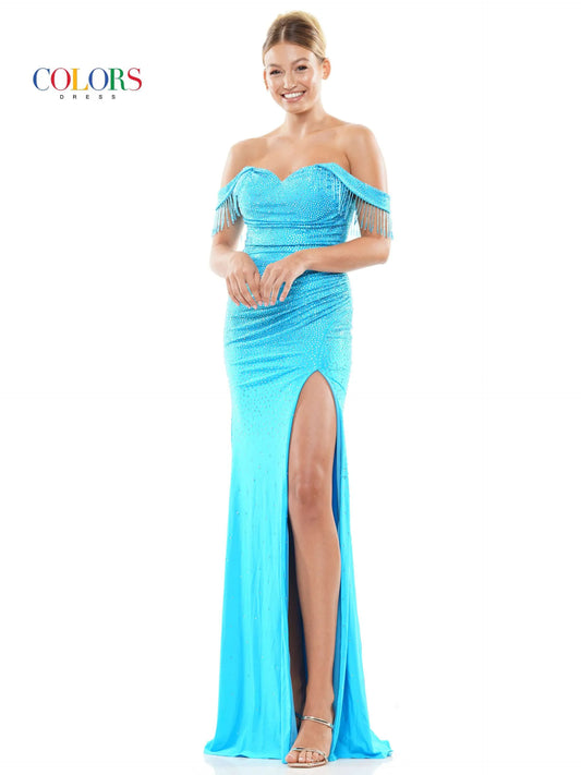 This Colors Dress 3288 Crystal off the shoulder Prom Dress is designed to make you stand out at any formal event. With its elegant off the shoulder neckline, crystal embellishments, and flowing fringe details, this dress exudes glamour and sophistication. The high slit adds a touch of allure, making you feel confident and beautiful.  Sizes: 0-22  Colors: Black, Deep Green, Turquoise