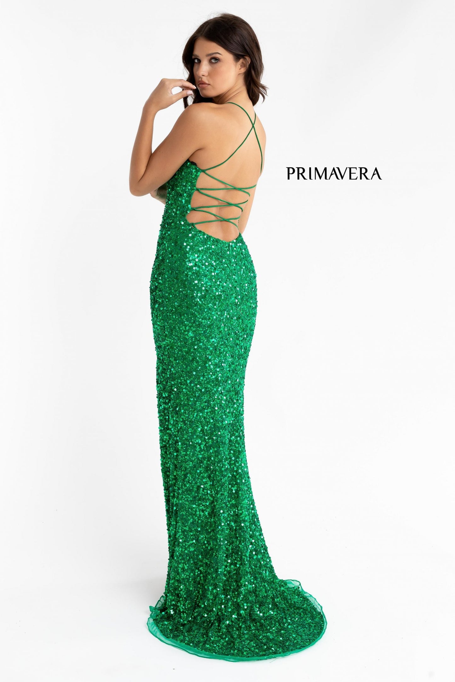 Primavera Couture 3290 This prom dress adds a pop to the multi sequins dress.  With a scoop neckline and spaghetti straps that cross and tie in the back.  This long evening dress has a side slit. And need I say, NEON!  Available Colors: Midnight, Emerald, Turquoise, Plum, Peach, Blue, Black, Fuchsia, Cream, Neon Sage, Neon Coral, Neon Lilac, Bright Blue, Rose, Neon Pink, Orange, Baby Pink, Purple, Royal Blue, Ivory, Gold, Charcoal, Red, Apple Green, Forrest Green, Yellow, Mint  Available sizes:  18, 20, 22
