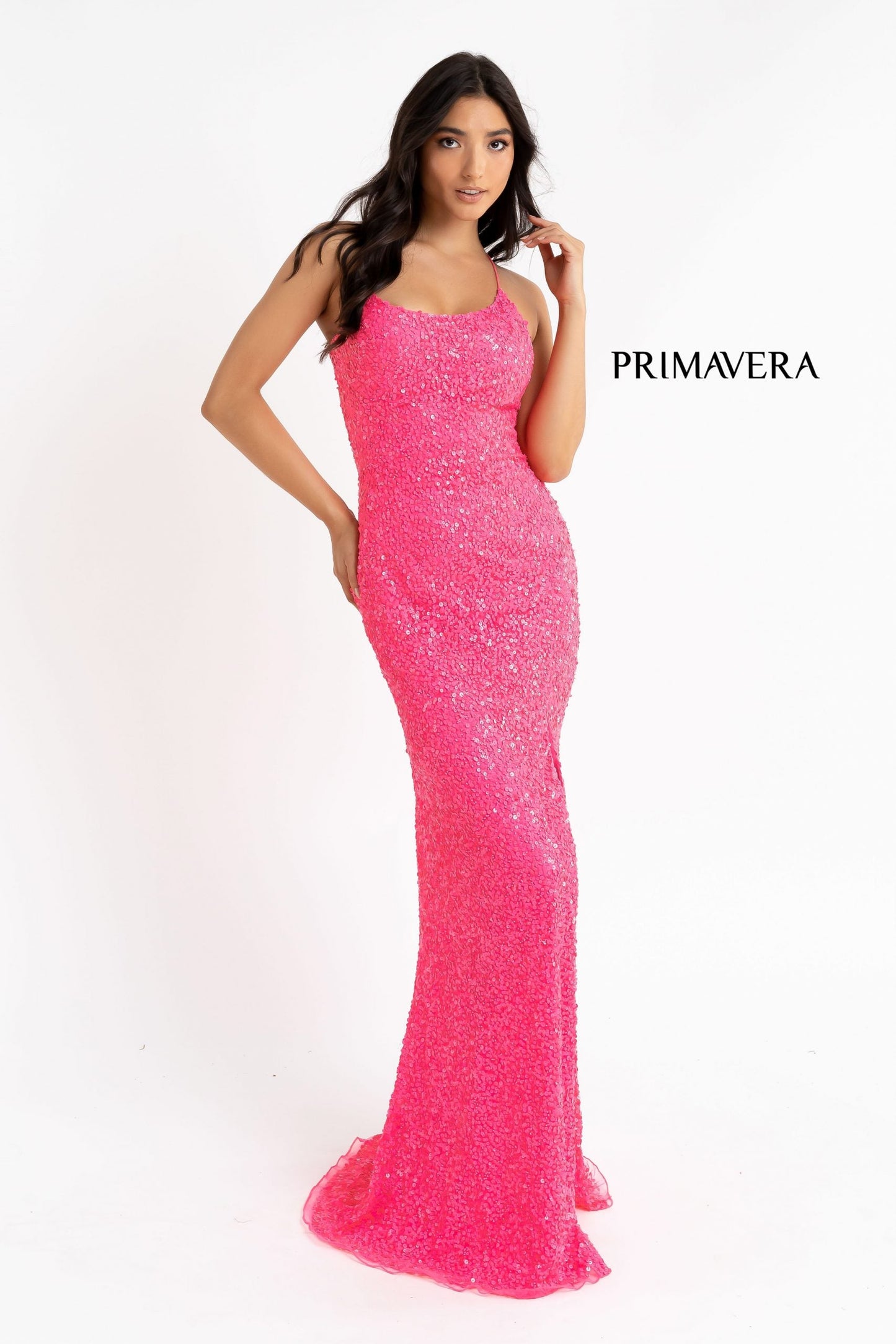 Primavera Couture 3290 Size 14 Neon Sage Prom Dress Sequins Long Fitted Tie Back Scoop Neckline