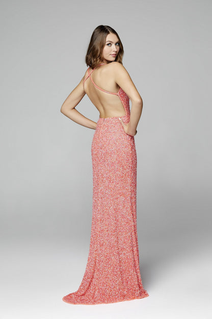 Primavera Couture 3291 Exclusive Prom Dresses.  This long prom dress is embellished throughout with shimmering sequins.  This impressive gown showcases a v neckline, thin beaded straps and crisscrossed straps in the open back. The long slim skirt has a sultry high side front slit. 