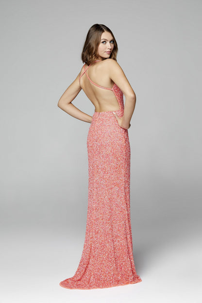 Primavera Couture 3291 Exclusive Prom Dresses.  This long prom dress is embellished throughout with shimmering sequins.  This impressive gown showcases a v neckline, thin beaded straps and crisscrossed straps in the open back. The long slim skirt has a sultry high side front slit. 