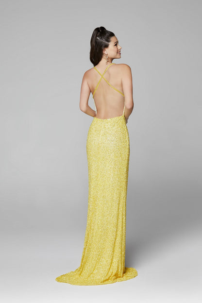 Primavera Couture 3291 Exclusive Prom Dresses.  This long prom dress is embellished throughout with shimmering sequins.  This impressive gown showcases a v neckline, thin beaded straps and crisscrossed straps in the open back. The long slim skirt has a sultry high side front slit. 