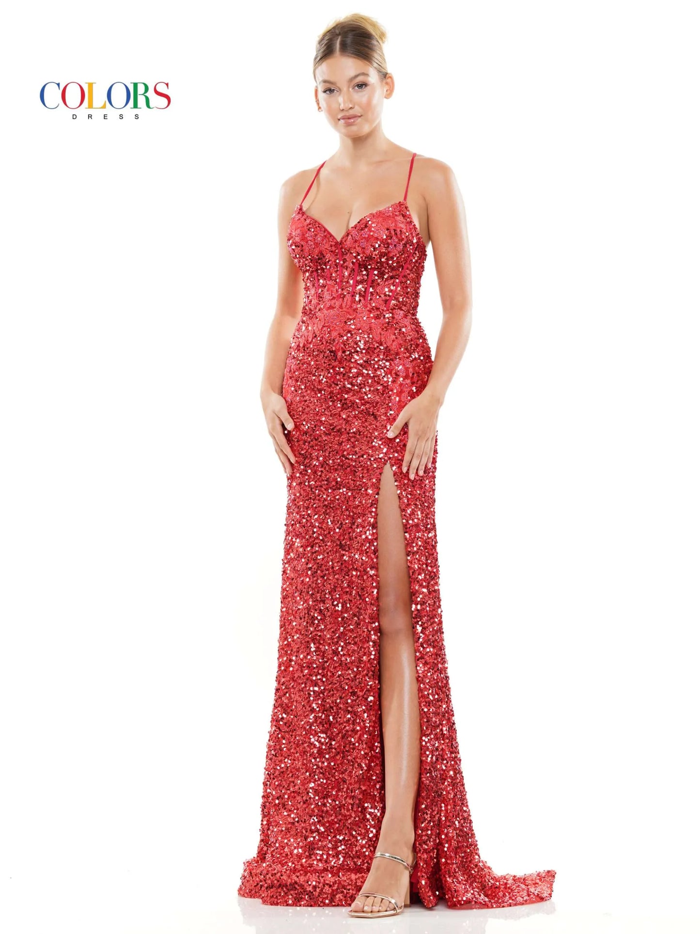 Look your best in this elegant Colors Dress 3299 Long Prom Dress. Featuring a fitted sequin lace bodice with a backless corset, a long, fitted skirt with a side slit, and an intricate lace design. Make a statement in this beautiful gown. Prom, Pageant or any Special Occasion!  Sizes: 0-20  Colors: Red, Blue, Green, White