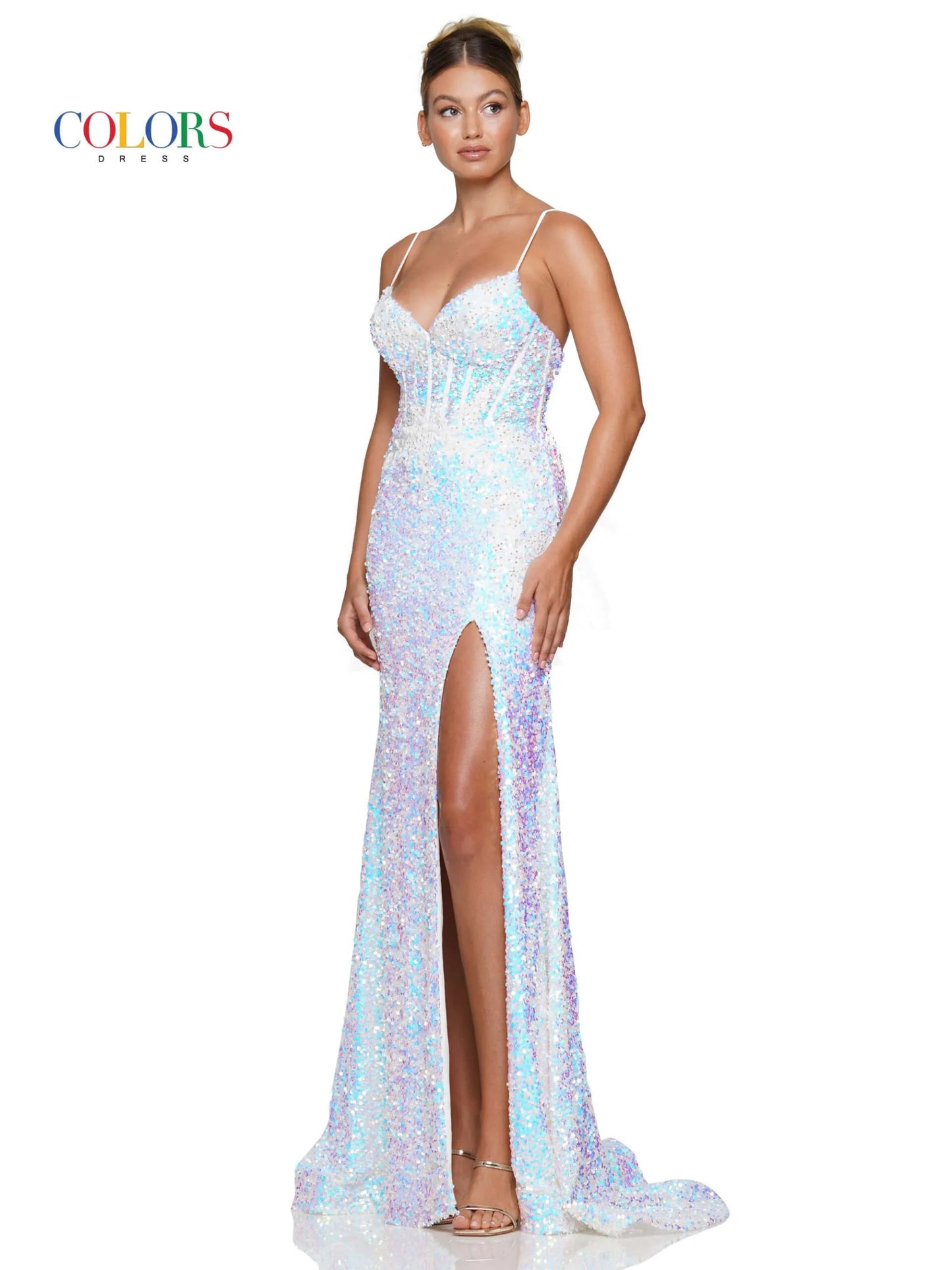 Colors Dress 3299 Long Fitted Sequin Lace Prom Dress Backless Corset slit skirt Pageant Gown