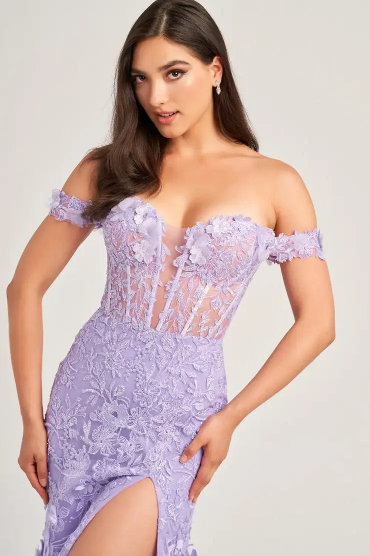 Ellie Wilde presents EW35054 is a Long 3D Lace Sheer Prom Dress. This stunning mermaid gown features a corset off the shoulder design and a thigh-high slit for a glamorous and sophisticated look. The intricate 3D lace provides a touch of elegance and the sheer fabric adds an element of allure.  Sizes: 00-16  Colors: Lilac, Light Blue, Blush