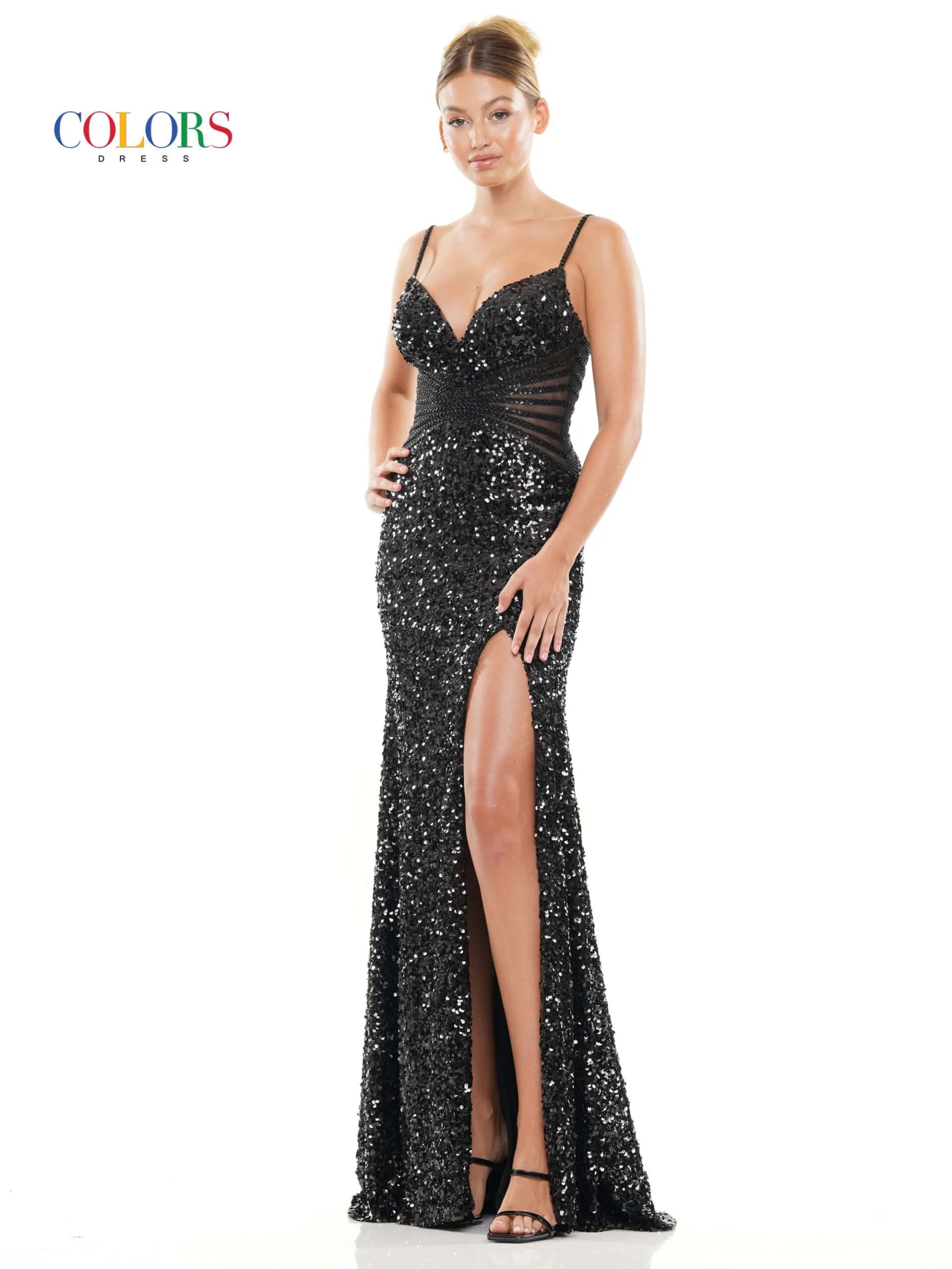 Introducing a unique, glamorous look for your next special event. Colors Dress 3300 Long Sequin Sheer Cutout Crystal Lined Prom Dress Corset Slit Gown Pageant boasts high-shine sequins, crystal-lined cutouts, and a corset-detailed back. Curve-hugging with a daring thigh-high slit, this prom dress is perfect for an unforgettable night.  Sizes: 0-20  Colors: Black, Light Blue, Deep Green, Hot Pink, Lilac