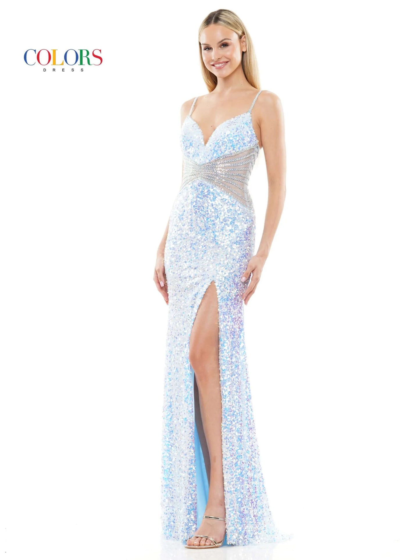 Introducing a unique, glamorous look for your next special event. Colors Dress 3300 Long Sequin Sheer Cutout Crystal Lined Prom Dress Corset Slit Gown Pageant boasts high-shine sequins, crystal-lined cutouts, and a corset-detailed back. Curve-hugging with a daring thigh-high slit, this prom dress is perfect for an unforgettable night.  Sizes: 0-20  Colors: Black, Light Blue, Deep Green, Hot Pink, Lilac