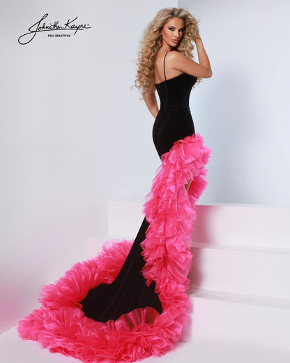 pink ruffle black dress Zapakasa Women Sparkly Black Pink Tiered Lace A-Line Long Prom Dress with Slit Off the Shouldder Formal Dress, Black Pink / US20W