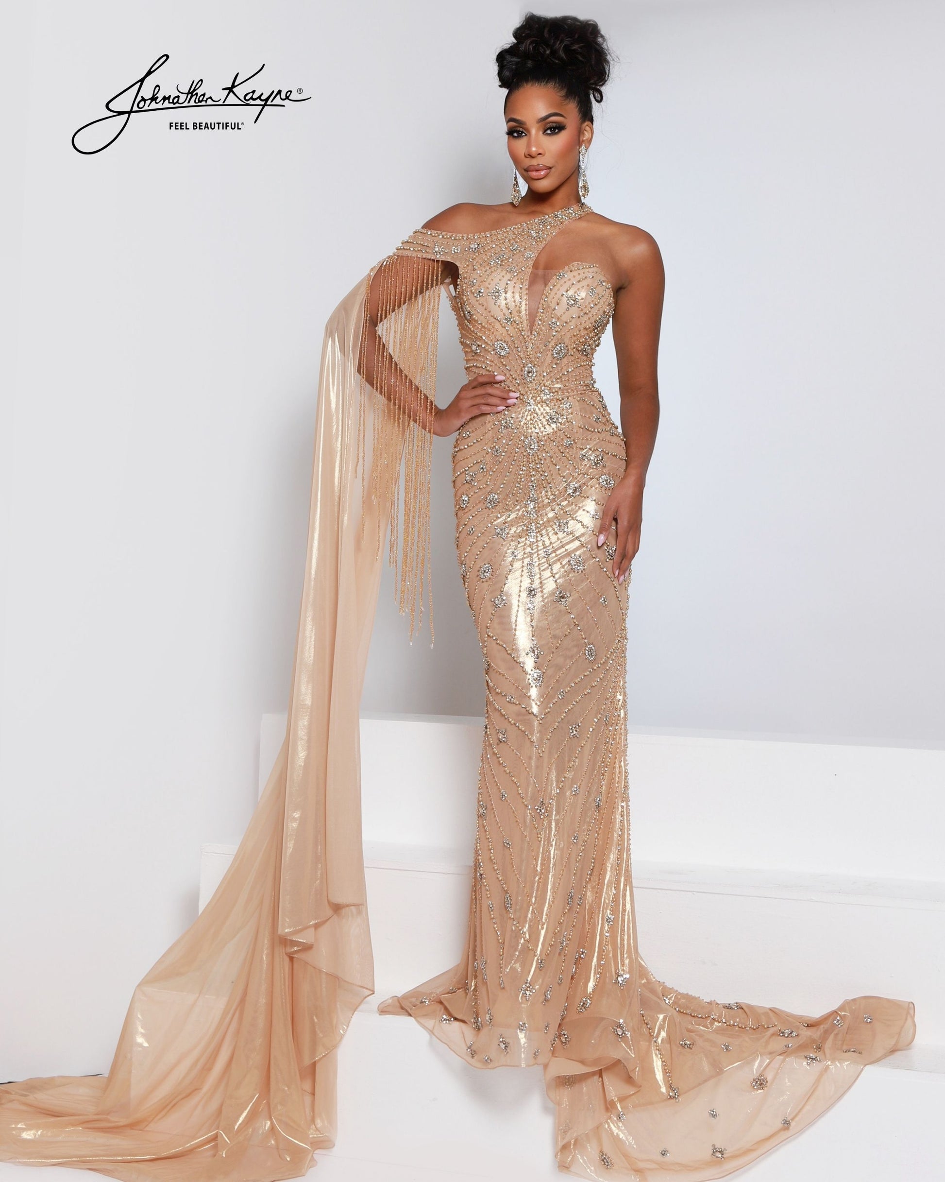 Johnathan Kayne 3320 Stretch Knit Prom Dress Gold / 12 Johnathan Kayne 3320 Stretch Knit Prom Dress Gold / 12