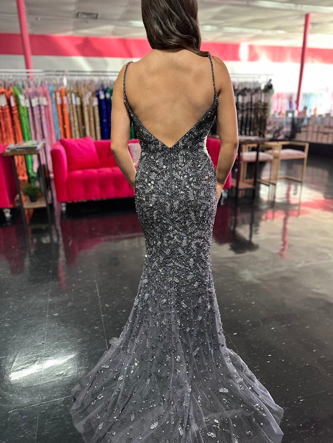Colors Dress 3387 Size 2, 10, 14 Gunmetal Fully Beaded Formal Prom Dress Evening Gown Slit V Neck Crystal 14 / Gunmetal Colors Dress 3387 Size 2, 10, 14 Gunmetal Fully Beaded Formal Prom Dress Evening Gown Slit V Neck Crystal 14 / Gunmetal