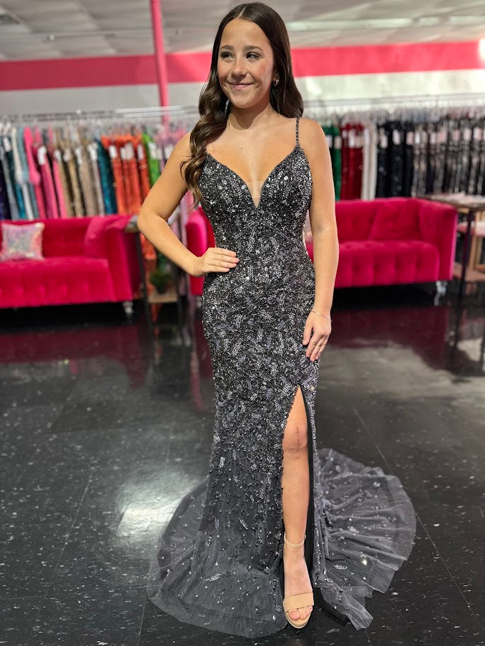 Colors Dress 3387 Size 2, 10, 14 Gunmetal Fully Beaded Formal Prom Dress Evening Gown Slit V Neck Crystal