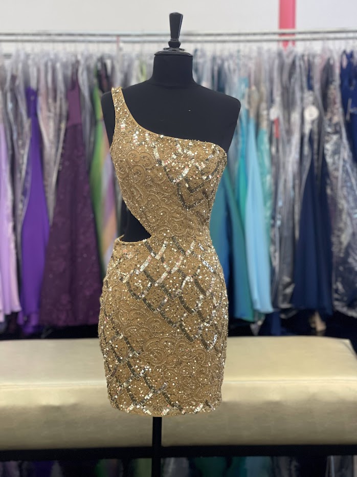 Primavera Couture 3504 Gold Cocktail Dress   Wow everyone at the party with this short homecoming dress.  The beaded sequins fitted dress has scallop details, it is one shoulder with a cutout on the side.  Color:  Gold  Size: 0