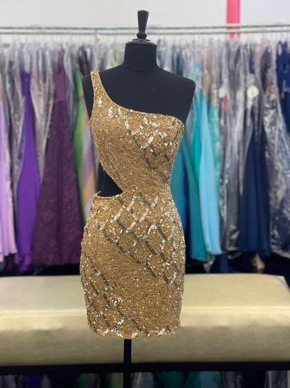 Primavera Couture 3504 Gold Cocktail Dress   Wow everyone at the party with this short homecoming dress.  The beaded sequins fitted dress has scallop details, it is one shoulder with a cutout on the side.  Color:  Gold  Size: 0