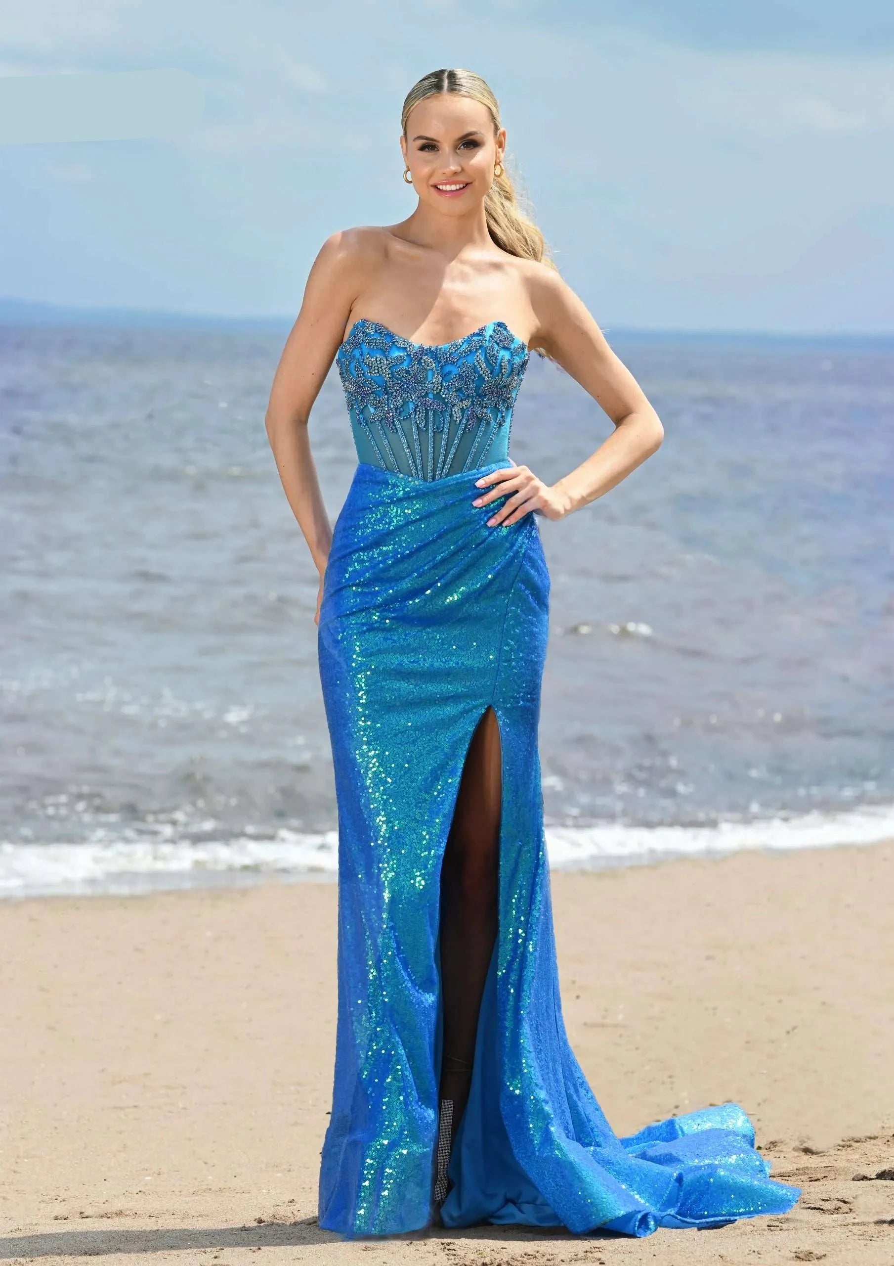 Colors Dress 3512 Long Sequin Sheer Crystal Corset Prom Dress Pageant Gown Scoop Neck 12 / Turquoise