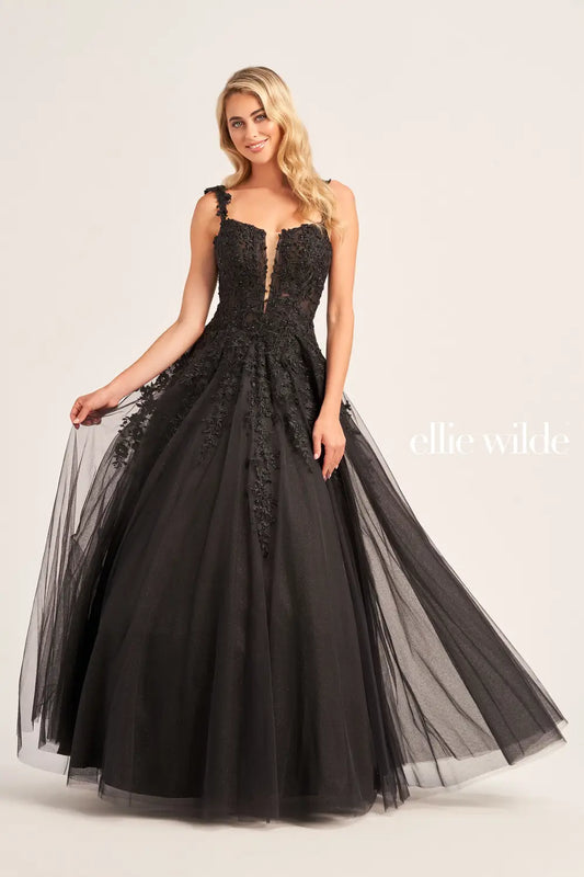 Introducing the Ellie Wilde EW120014 Long Sheer Lace Shimmer Ballgown. This sophisticated formal gown features a sheer bodice with tulle and lace appliqué, an A-line silhouette, plunging V-neckline and natural waist for a flattering fit. The skirt flows to the floor for an airy and graceful look. Make a lasting impression at your prom or special occasion.  Sizes: 00-24  Colors: PERIWINKLE, LAVENDER, RED, ROSE QUARTZ, ROYAL BLUE, WINE, TEAL, WHITE, EMERALD, NAVY BLUE, BLACK, PEONY