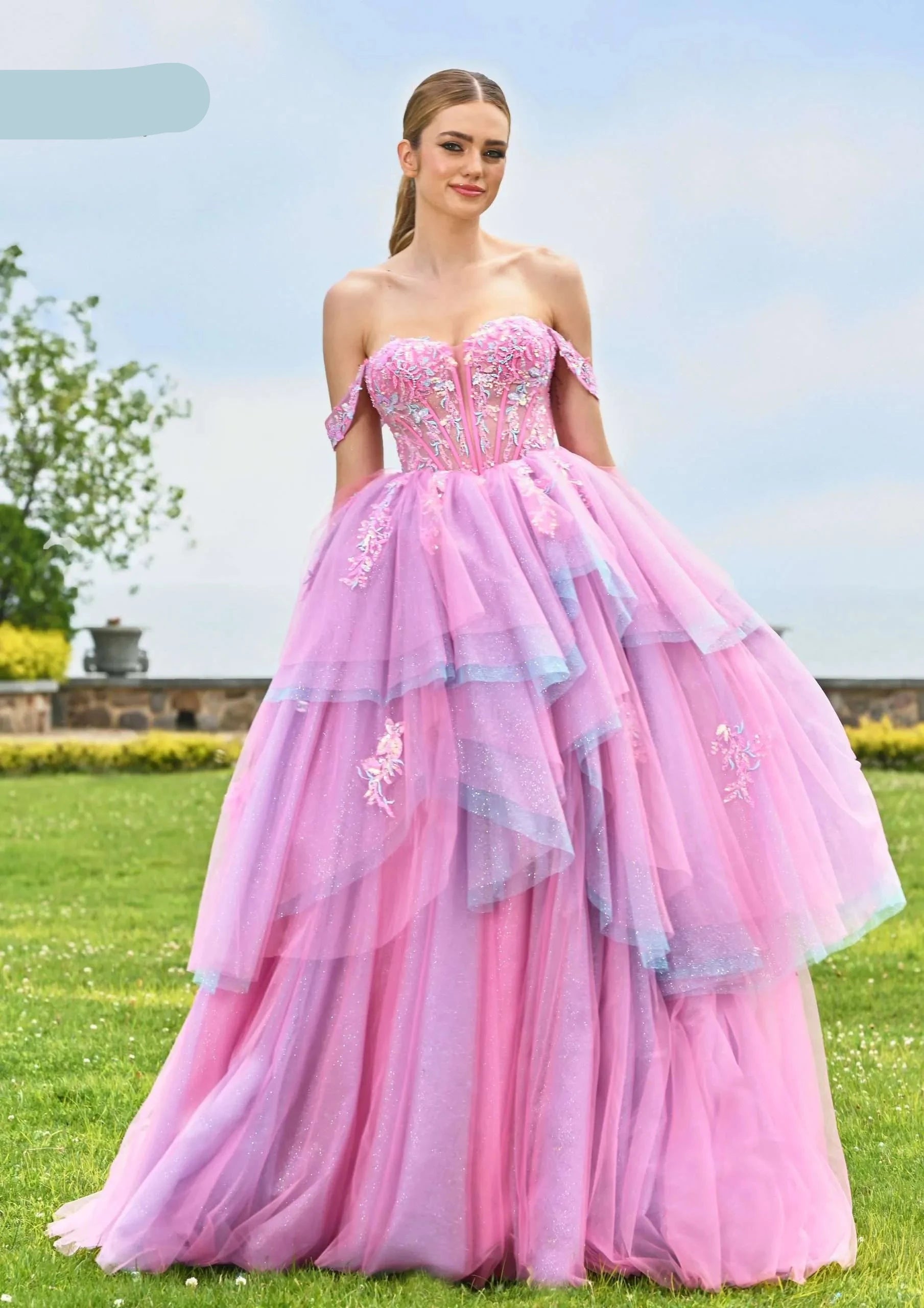 Colors Dress 3534 Layer Ruffle Shimmer Ball Gown Prom Dress Sheer Sequin Corset Formal off the shoulder