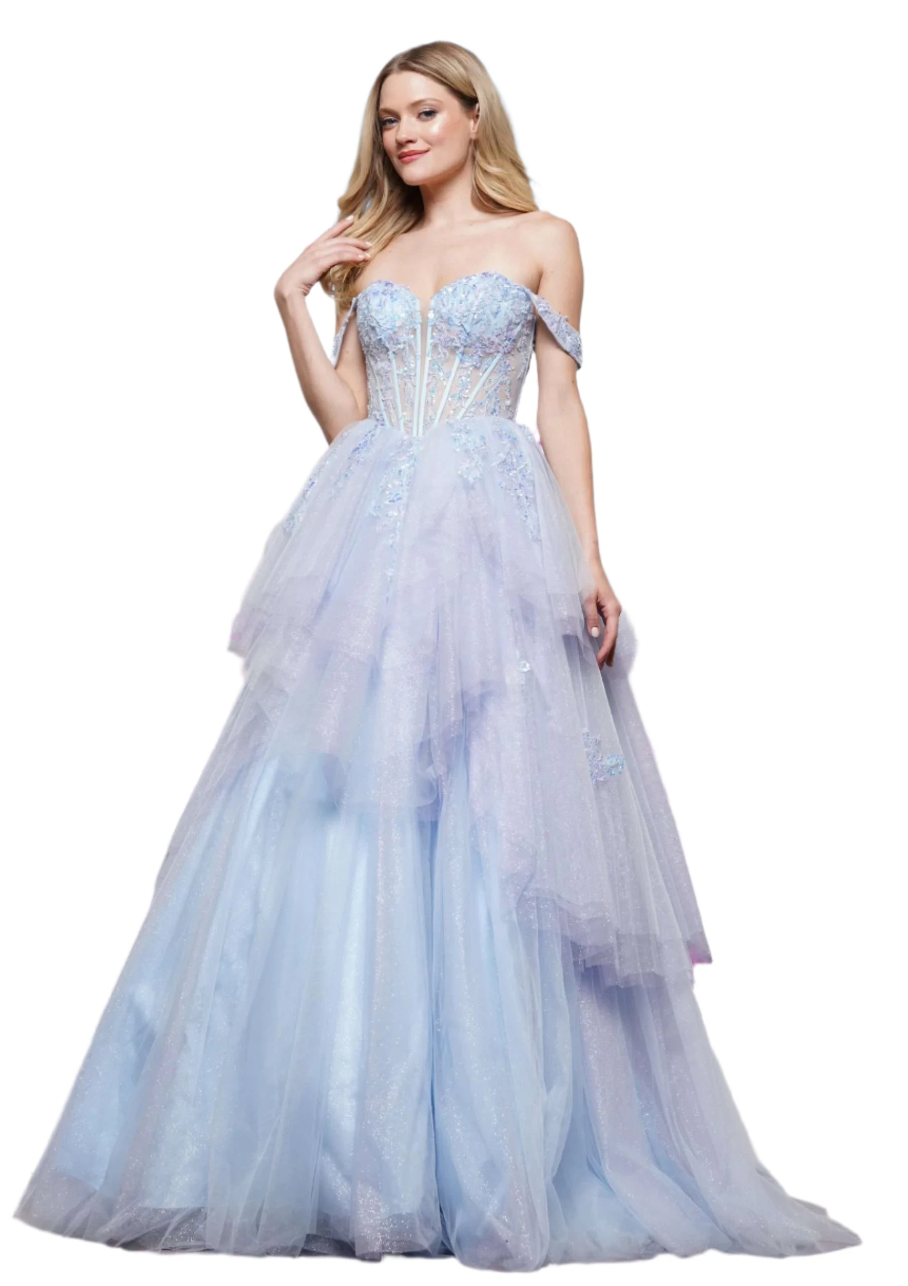 The Colors Dress 3534 is a stunning prom dress that features a modern off-the-shoulder design and a flattering sheer sequin corset. The layered multi toned ruffle and shimmering ball gown silhouette add a touch of elegance to your special occasion. With sheer details and high-quality materials, this formal dress is sure to make you stand out from the crowd.