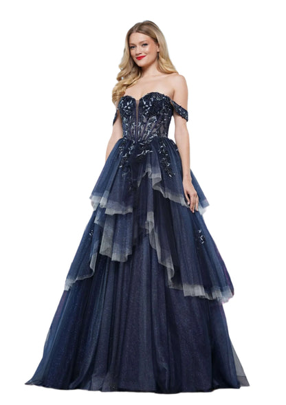 Colors Dress 3534 Layer Ruffle Shimmer Ball Gown Prom Dress Sheer Sequin Corset Formal off the shoulder 0 / Navy Colors Dress 3534 Layer Ruffle Shimmer Ball Gown Prom Dress Sheer Sequin Corset Formal off the shoulder 0 / Navy