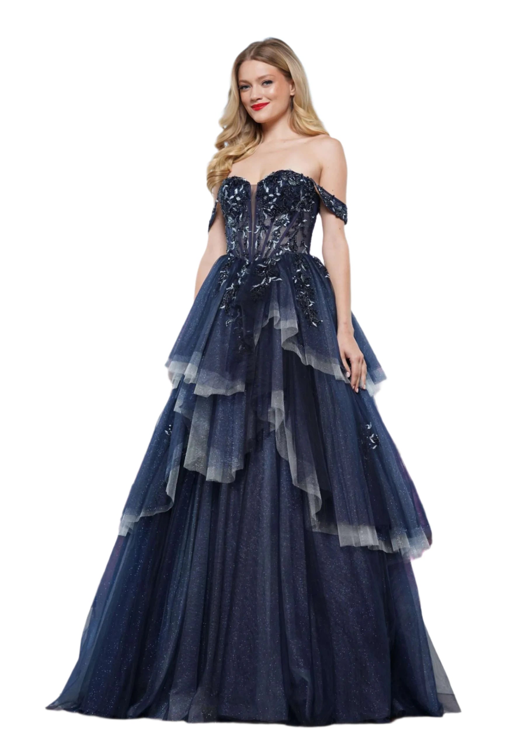 Colors Dress 3534 Layer Ruffle Shimmer Ball Gown Prom Dress Sheer Sequin Corset Formal Off The Shoulder 0 / Navy