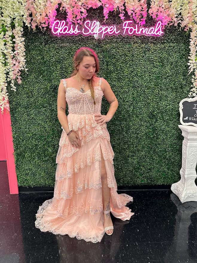 jovani prom dress Iridescent Sequin 22770 A strapless bodice with a curved neckline draws attention to the shoulders and chest Jovani 05103 Green Embellished Plunging
