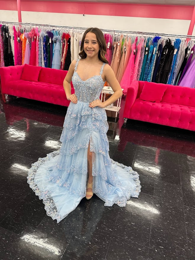 prom dress size 0 Primavera Couture 4110 Crystal Blue Long Fitted Sequin V neck Slit Formal Gown Backless it will make you the center of attention Evening Gowns tagged "Size