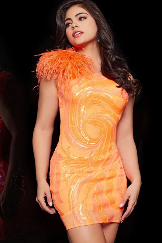 Jovani 36713 Stretch Mesh Sequin Fitted One Shoulder With Feather Detail Homecoming Dress. Design and Style: Jovani 36713 Orange Sequin One Shoulder Homecoming Dress is a unique and striking piece with its one-shoulder neckline and feather shoulder detail