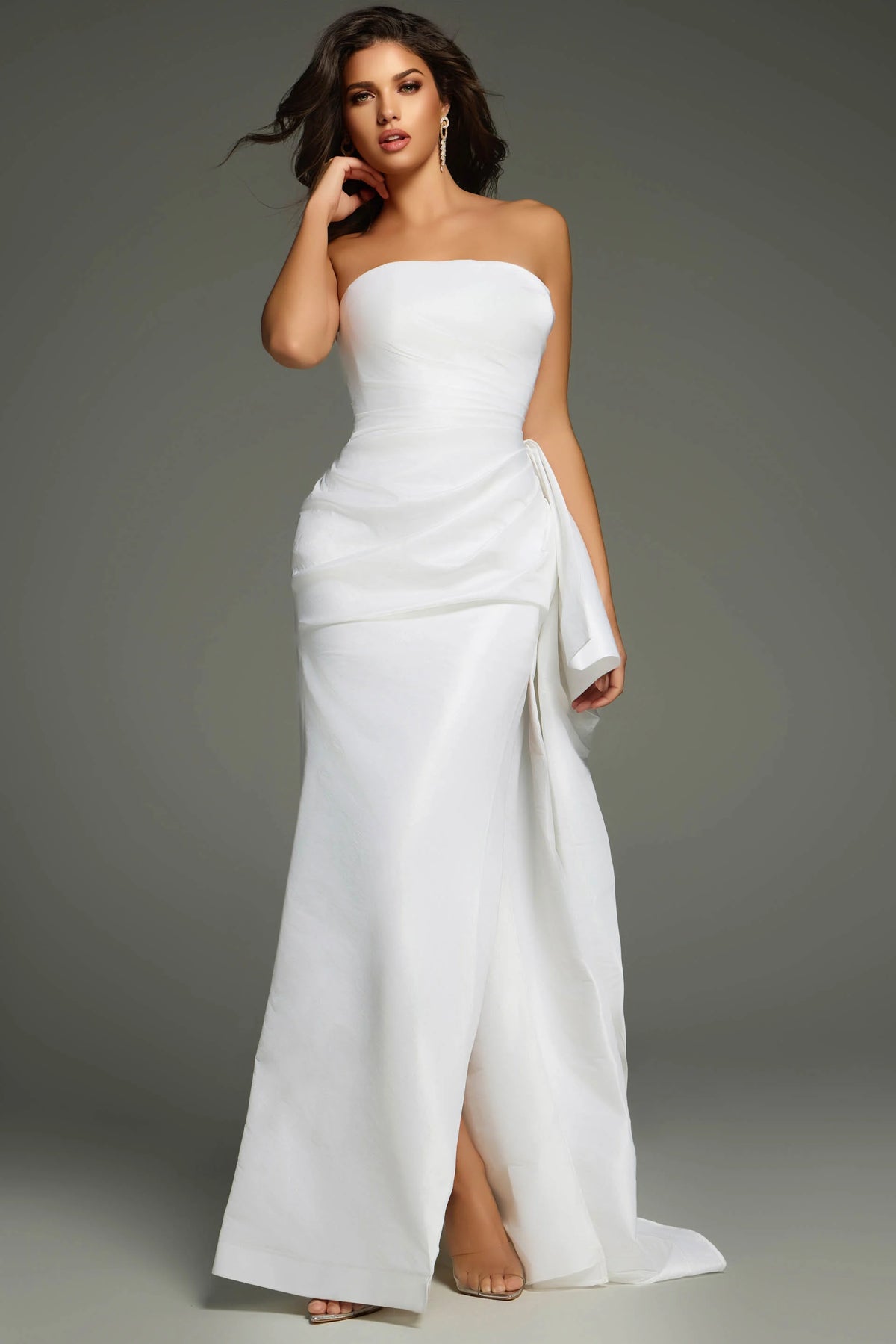 Jovani 36854 Long Prom Dress Fitted Strapless Pleated Bodice Side Ruffle High Slit Formal Pageant Gown