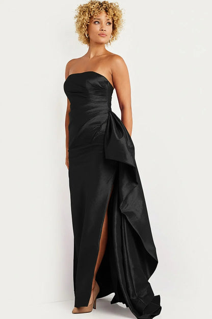 Jovani 36854 Long Prom Dress Fitted Strapless Pleated Bodice Side Ruffle High Slit Formal Pageant Gown
