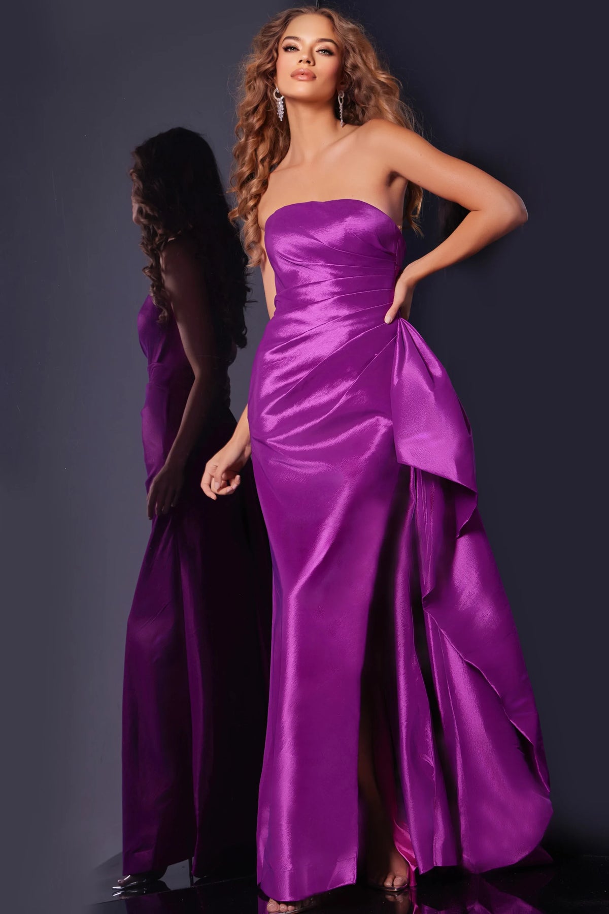 Jovani 36854 Long Prom Dress Fitted Strapless Pleated Bodice Side Ruffle High Slit Formal Pageant Gown