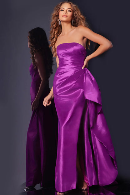 Jovani 36854 Long Prom Dress Fitted Strapless Pleated Bodice Side Ruffle High Slit Formal Pageant Gown