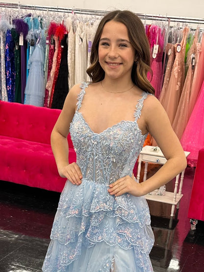 Jovani 37080 Size 10 Light Blue Short Dress Lace Ruffle Homecoming Corset Cocktail Gown Layer Skirt