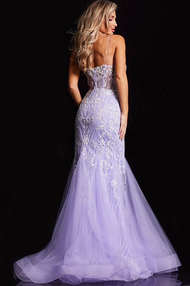 This elegant Jovani 37414 long prom dress is designed with a sheer corset and mermaid silhouette, making it the perfect choice for special occasions. The fitted bodice and sequin fabric add a touch of glamorous style, while the sleek silhouette flatters the figure. Look and feel your best in this dreamy formal gown.  Sizes: 00-24  Colors: Mint, Lilac