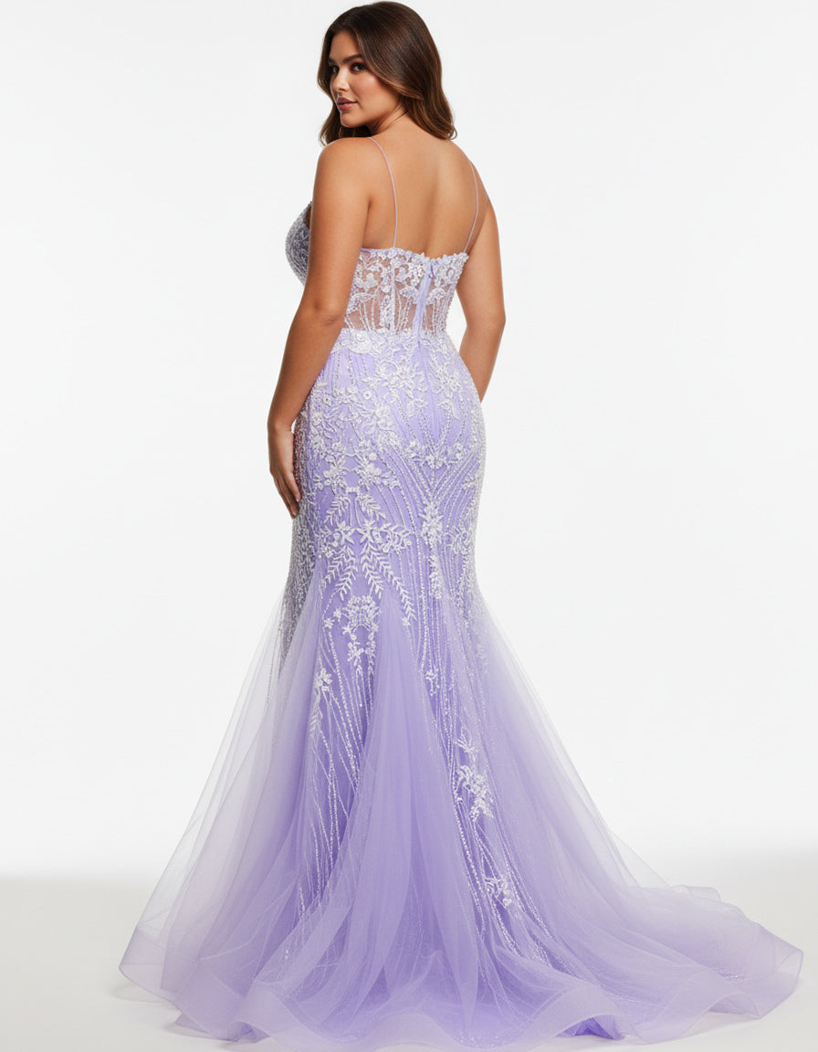 This elegant Jovani 37414 long prom dress is designed with a sheer corset and mermaid silhouette, making it the perfect choice for special occasions. The fitted bodice and sequin fabric add a touch of glamorous style, while the sleek silhouette flatters the figure. Look and feel your best in this dreamy formal gown.

Sizes: 00-24

Colors: Mint, Lilac&nbsp; &nbsp;