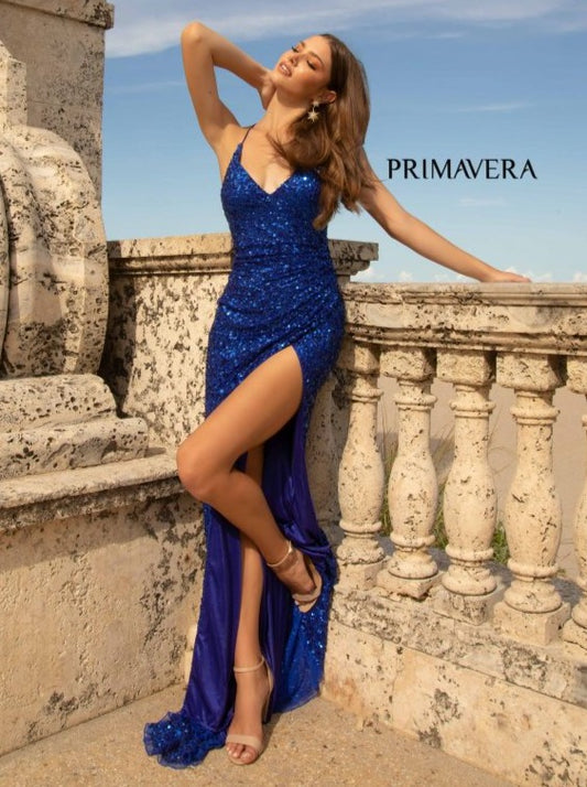<p>Primavera Couture 3791 Exclusive Prom Dress.&nbsp; This is an all sequins prom dress with a V neckline and spaghetti straps that lace up and tie in the open back.&nbsp; It has a wrap style side slit and a sweeping train.</p> <p>Colors:&nbsp; Royal&nbsp;</p>