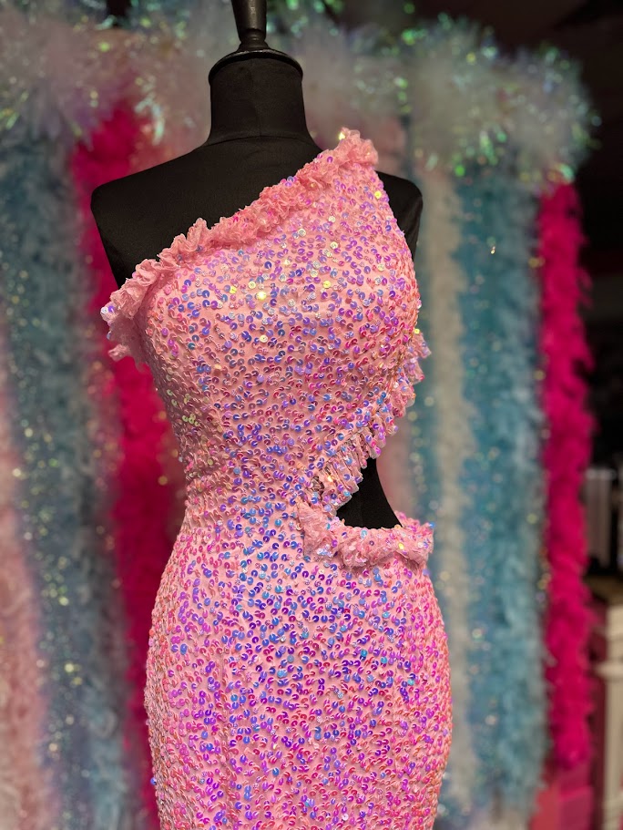 Primavera Couture 3798 Size 00 Baby Pink Long Beaded  One Shoulder Prom Dress with a Cutout & Ruffle Slit