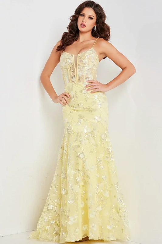 The Jovani 38004 is a magnificent formal gown designed to make you stand out on your special occasion. Here's a description of this stunning dress. Material: This gown is crafted from delicate tulle, a lightweight and semi-sheer fabric that drapes beautifully. The tulle serves as the canvas for intricate floral embroidery and sequin embellishments, adding a touch of enchantment to the dress.