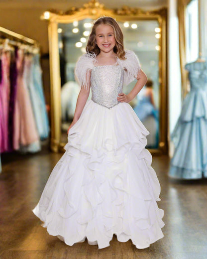 Ava Presley 38039 Feather Crystal Girls Pageant Dress Ruffle A Line Skirt Ball Gown
