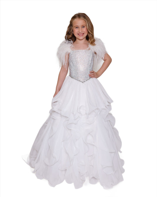 Experience elegance and beauty with the Ava Presley 38039 Feather Crystal Girls Pageant Dress. The lush feather shoulder straps and crystal embellished bodice exude sophistication, while the A-line skirt and ruffle details add a touch of playfulness. Perfect for any special occasion, this dress will make your little girl feel like a princess.