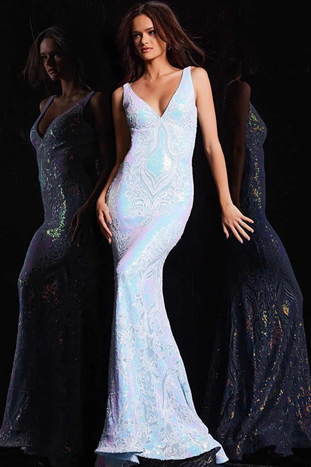 Elevate your prom night with the Jovani 38148 prom dress, a dazzling addition to the formal collection. Crafted from luxurious stretch sequin fabric, this gown offers a fitted silhouette that exudes contemporary glamour. Its intricate sequin pattern creates a mesmerizing play of light, ensuring you'll be the center of attention.  The dress is enriched with horsehair trim, which adds structure and volume to the floor-length skirt, giving it a touch of grandeur. 
