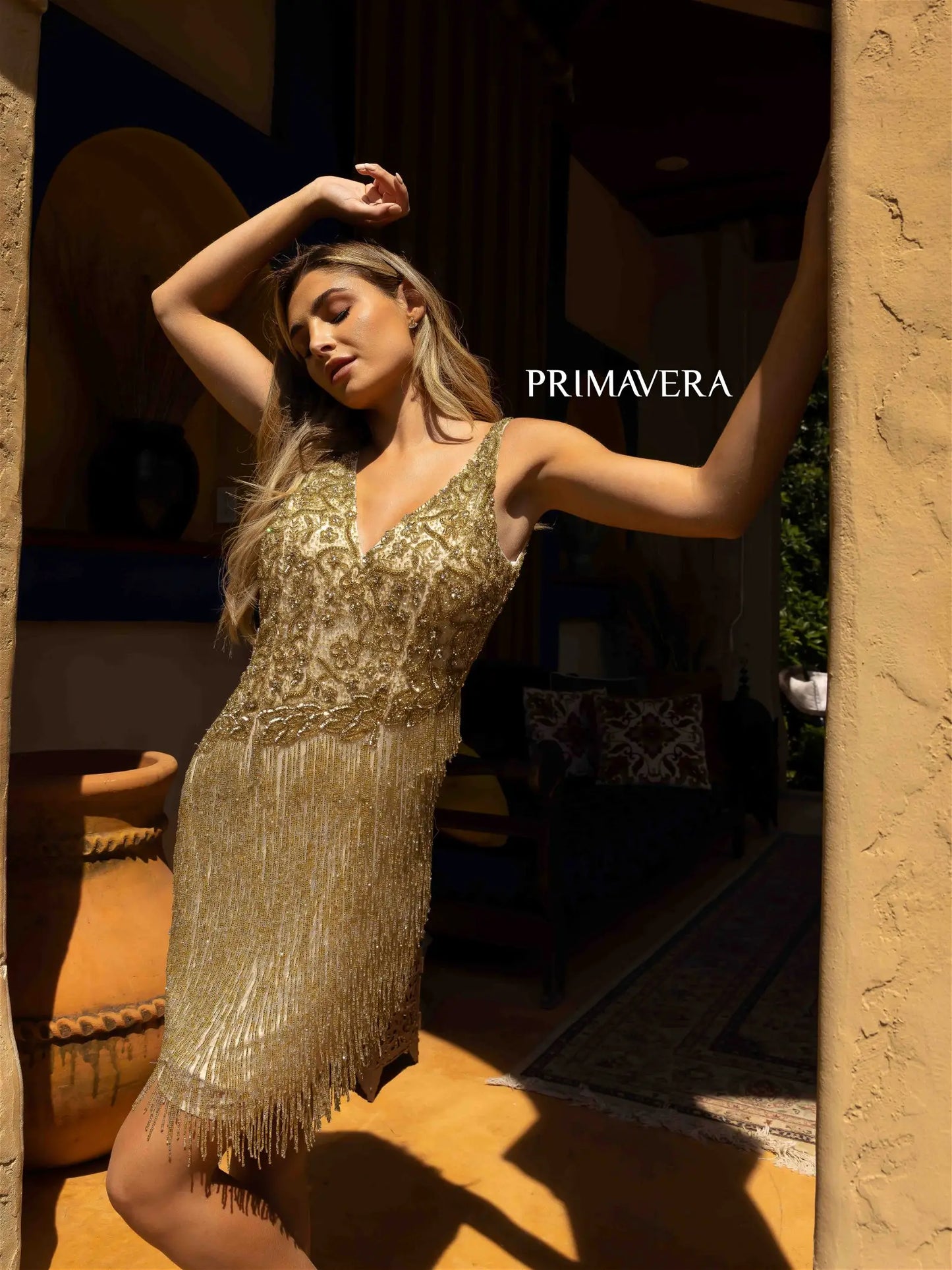 Primavera Couture 3828 Short Homecoming Dress Fitted Sequin Cocktail Dress  Available Colors- Gold  Available Size- 12