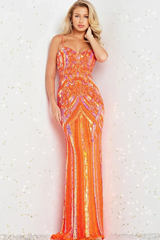 Introducing our show-stopping Jovani 38300 evening gown, a dazzling masterpiece that's sure to leave a trail of admirers in your wake. This dress is the epitome of glamour and elegance, perfect for red carpet events, galas, or any occasion where you want to make a memorable entrance. This gown boasts a stunning sequin embellished design that shimmers and sparkles like a sky full of stars. 