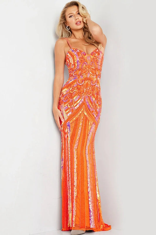 Jovani 38300 Long Prom Dress Fitted Sequin Orange Beaded Sheath Sweetheart Neckline Train Formal Pageant Gown