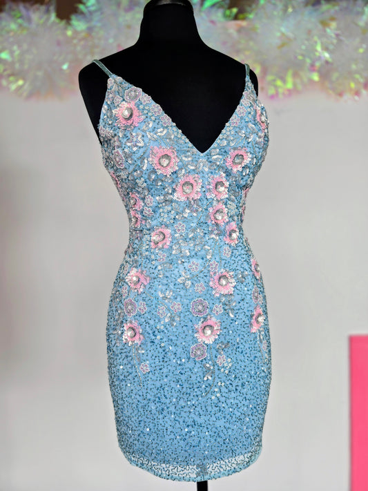 Primavera Couture 3862 Short Homecoming dress Fitted sequin beaded short cocktail dress.

Size 0, 8

Colors: Powder Blue


