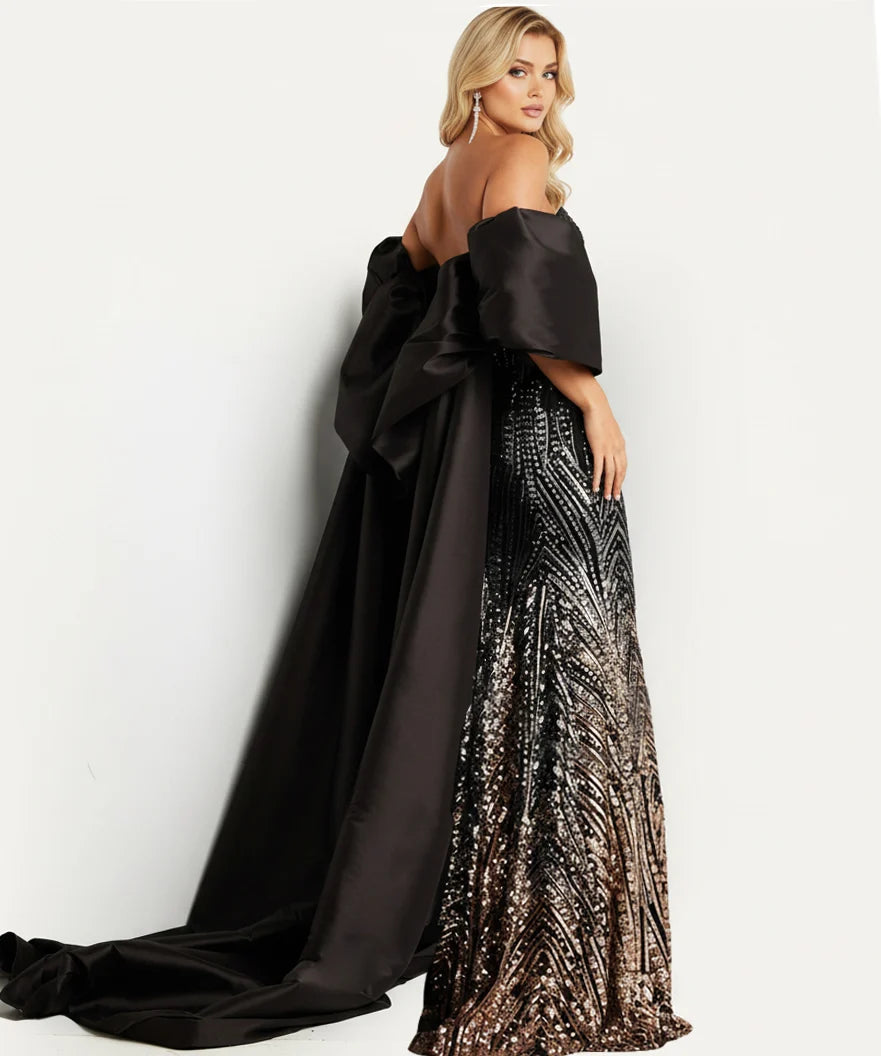 Jovani 38746 Long Prom Dress Beaded Embellished Strapless  Off Shoulder Satin Cape Formal Pageant Gown