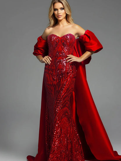 Jovani 38746 Long Prom Dress Beaded Embellished Strapless  Off Shoulder Satin Cape Formal Pageant Gown