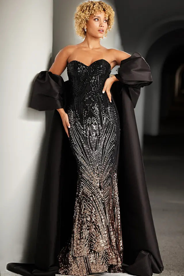 Jovani 38746 Long Prom Dress Beaded Embellished Strapless Off Shoulder Satin Cape Formal Pageant Gown 20 / Peacock