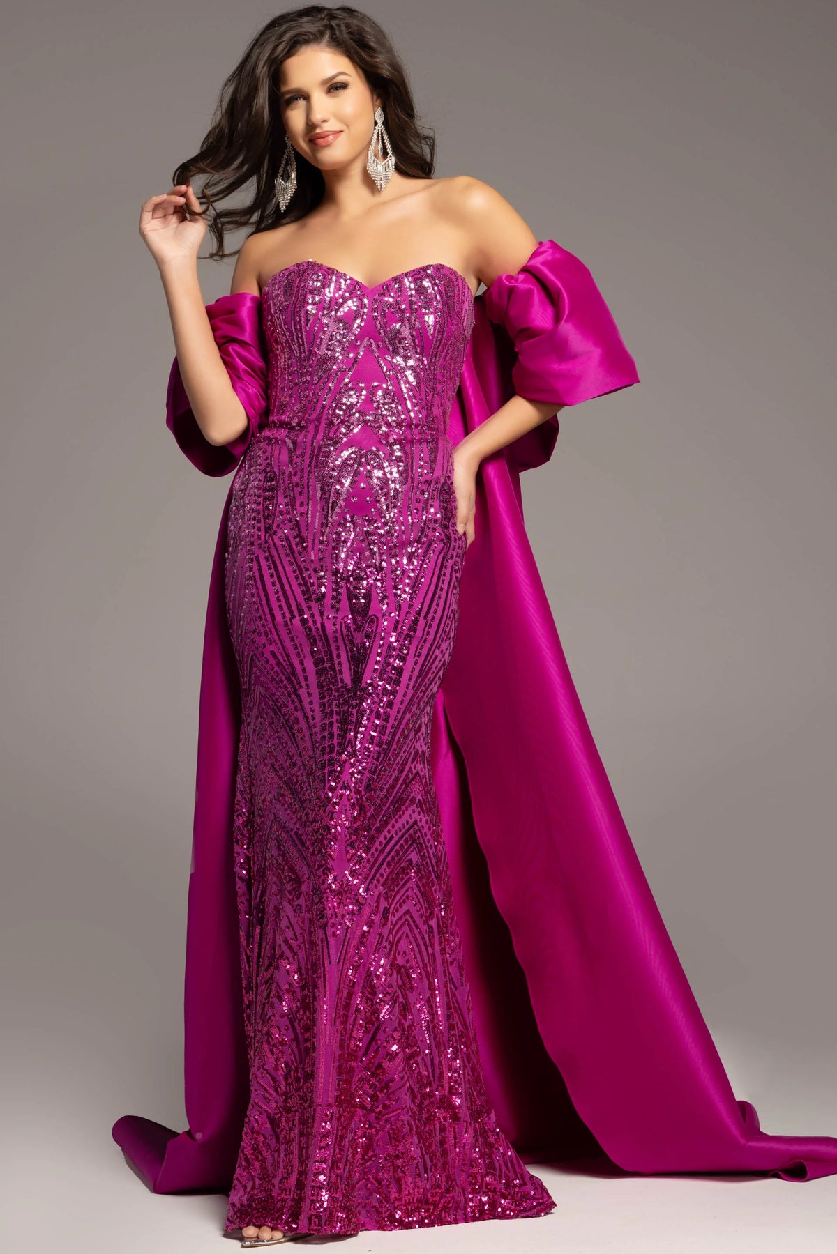 Jovani 38746 Long Prom Dress Beaded Embellished Strapless  Off Shoulder Satin Cape Formal Pageant Gown