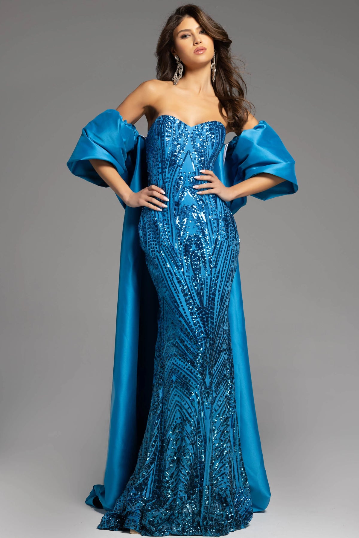 Jovani 38746 Long Prom Dress Beaded Embellished Strapless  Off Shoulder Satin Cape Formal Pageant Gown